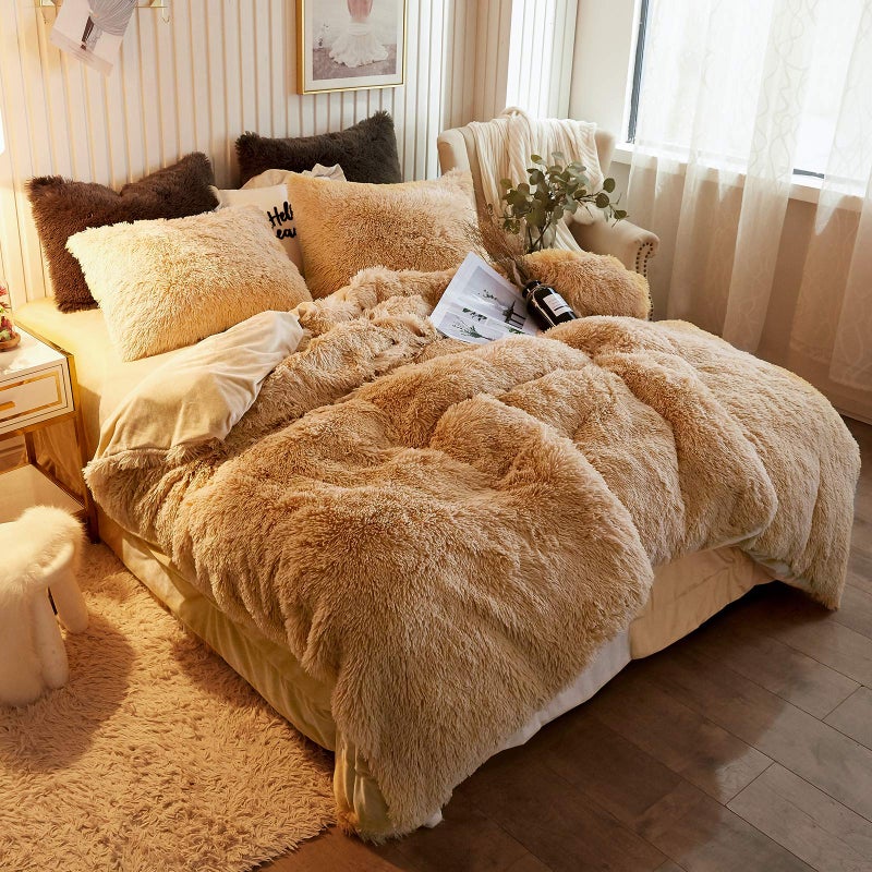 XeGe Plush Shaggy Duvet Cover, Luxury Ultra Soft Crystal Velvet Fuzzy Bedding 1PC(1 Faux Fur Duvet Cover), Fluffy Furry Comforter Cover with Zipper Closure(Queen, Camel) - Image 1